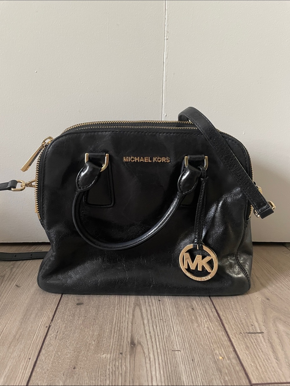 Michael Kors Black Leather Satchel with Gold MK Charm